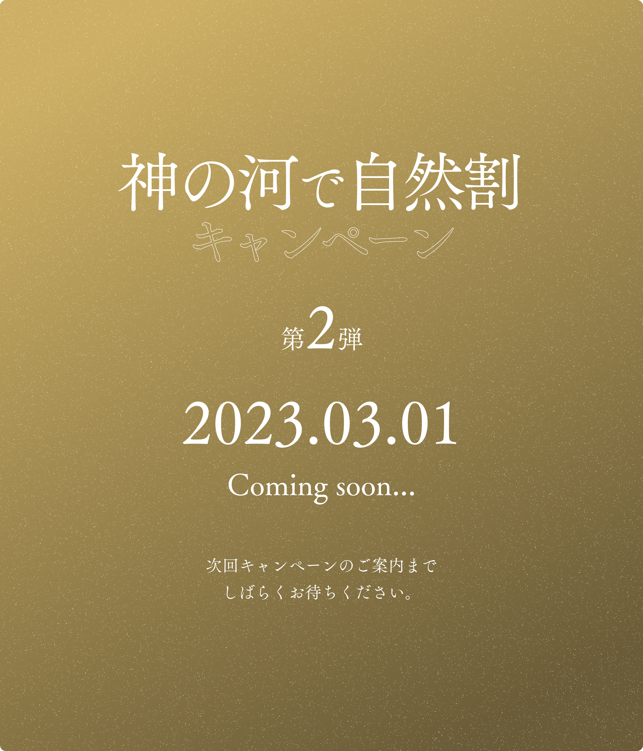 神の河で自然割キャンペーン 第2弾 2023年3月1日 Coming soon 次回キャンペーンのご案内までしばらくお待ちください。